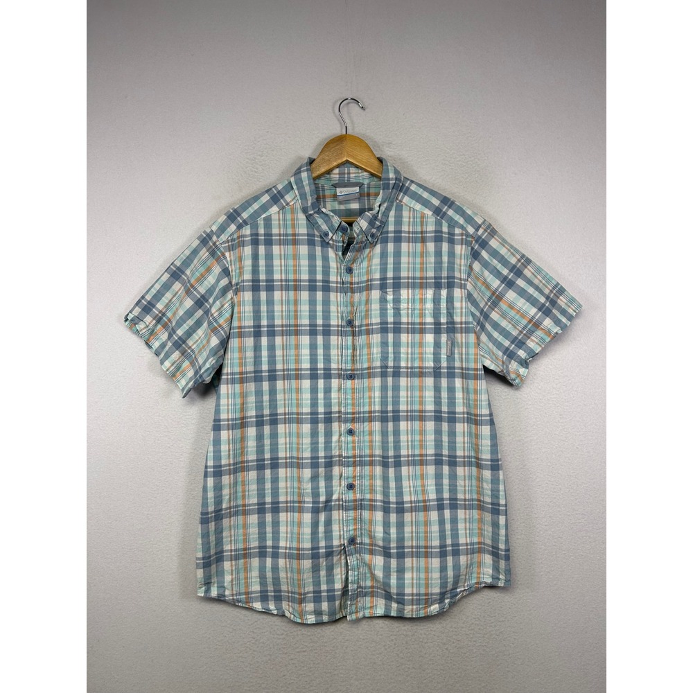 Outdoorsy Columbia Mens Large Blue Plaid Short Sleeve Cotton Button Down Shirt‎